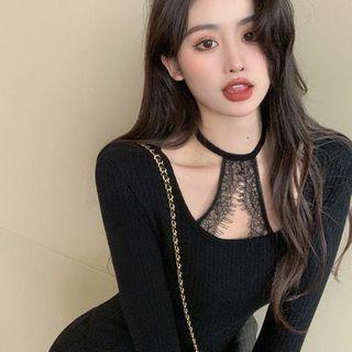 Long-sleeve Lace Slim-fit Dress / Long-sleeve Off-shoulder Lace Top
