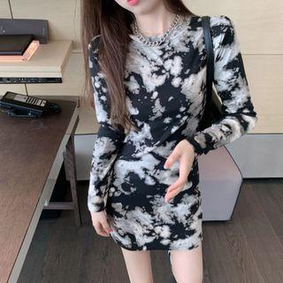 Print Long-sleeve Slim-fit Mini Dress Black - One Size