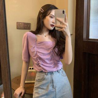 Square-neck Elbow-sleeve Ruched Top