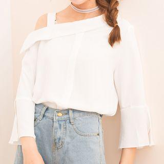 Plain One Shoulder 3/4 Sleeve Chiffon Top