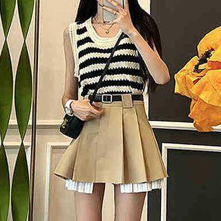 Striped Tank Top / Pleated Mini A-line Skirt / Set