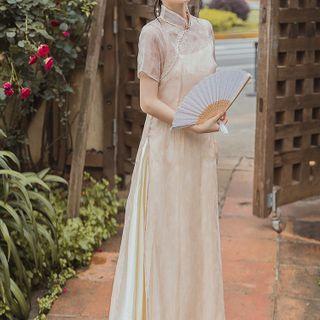 Set: Short-sleeve Floral Print Midi A-line Dress + Slipdress