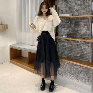 Balloon-sleeve Blouse / Midi A-line Mesh Skirt