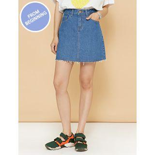 Fray-hem Denim A-line Mini Skirt