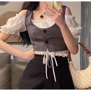 Short-sleeve Plain Shirred Drawstring Blouse / Plain Vest