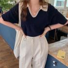 Color Block V-neck Short-sleeve Knit T-shirt