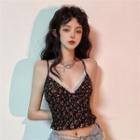 Lace Trim Floral Cropped Camisole Top Red & White Floral - Black - One Size