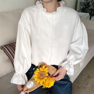 Collared Plain Ruffle Puff Long-sleeve Shirt