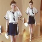 Set: Bell-sleeve Embroidery Top + Mini Skirt