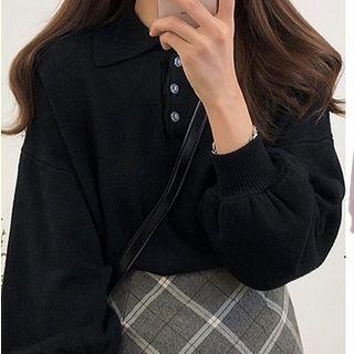 Collared Puff-sleeve Knit Top