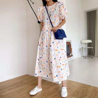 Button-back Multicolor-pattern Long Dress