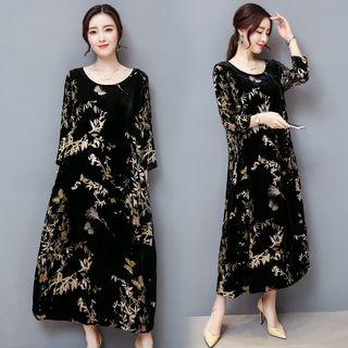 Floral Print 3/4 Sleeve Velvet Midi Dress