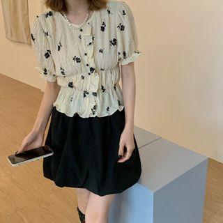 Puff-sleeve Print Chiffon Blouse
