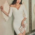 One-shoulder V-neck 3/4-sleeve Mini Sheath Dress
