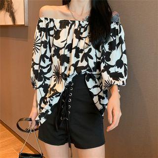 Lantern-sleeve Off-shoulder Floral Top / High-waist Lace Up Plain Shorts
