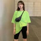 Plain Elbow-sleeve T-shirt Neon Green - One Size