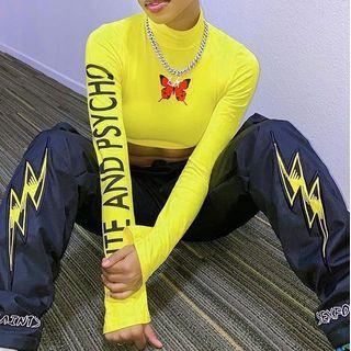 Long Sleeve Lettering Butterfly Print Crop Top