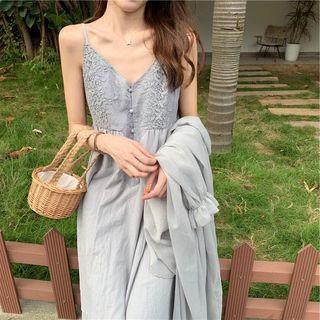 Spaghetti-strap Crochet Dress / Long-sleeve Glitter Light Cardigan