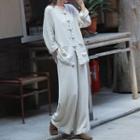 Pocketed Frog-button Shirt / Wide-leg Pants