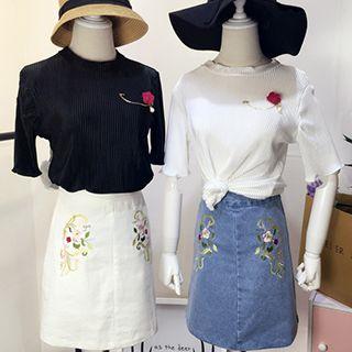 Elbow-sleeve Ruffle Trim T-shirt