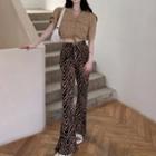 Short-sleeve Drawstring Cargo Crop Top / Zebra Print Boot-cut Pants