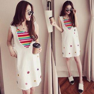 Set: Fray Hem Eyelet Pinafore Dress + Striped Camisole Top