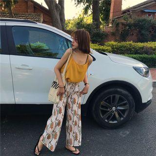 Set: Plain V-neck Camisole Top + Print High-waist Wide-leg Pants