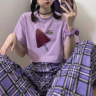 Plaid Wide-leg Pants Purple - One Size