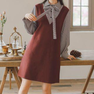 Paneled Houndstooth Long-sleeve A-line Dress