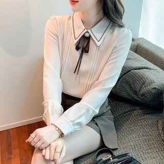 Long-sleeve Collared Bow Chiffon Blouse