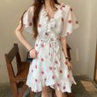 Short-sleeve Fruit Embroidery A-line Dress White - One Size