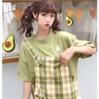 Embroidered Elbow-sleeve T-shirt / Plaid Pinafore Dress