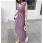 Sleeveless V-neck Plain Tie-waist Knit Dress