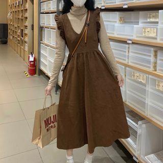 Long-sleeve Turtleneck Top / Frill Trim Midi A-line Overall Dress