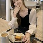 Lantern-sleeve Two-tone Blouse Black - One Size