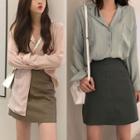 Long Sleeve Plain Shirt / Faux-leather Skirt