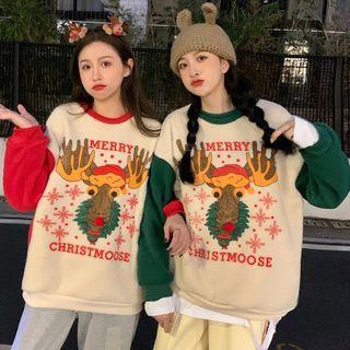 Christmas Print Fleece Round Neck Pullover