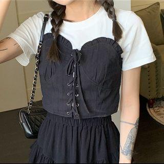 Short-sleeve Mock Two-piece T-shirt T-shirt - Black & White - One Size