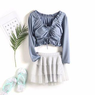 Set: Drawstring Long-sleeve Tankini + Swim Skirt