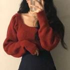 Long-sleeve Scoop-neck Knit Top Red - One Size