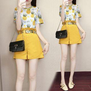 Set: Pineapple Print Short-sleeve T-shirt + High Waist Shorts