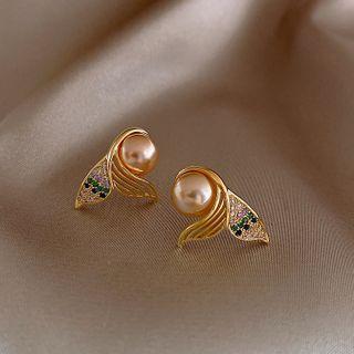 Faux Pearl Rhinestone Mermaid Tail Earring 1 Pair - As Shown In Figure - One Size