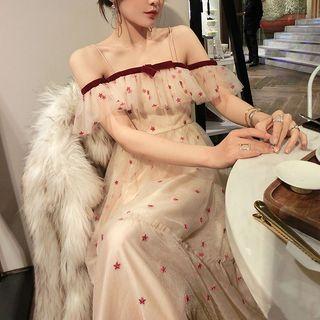 Star Embroidered Cold-shoulder Mesh Evening Dress