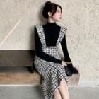 Plaid Button-up Jumper Dress / Long-sleeve Mock-neck Top / Set