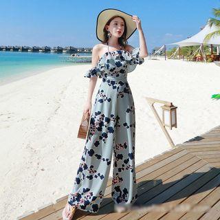 Flower Print Ruffle Trim Jumpsuit