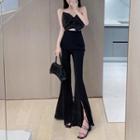 Chain Bow Accent Camisole Top / High-waist Slit Flare Pants