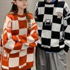 Couple Matching Checkered Bear Embroidered Sweater