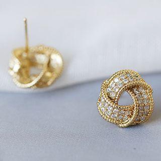 925 Sterling Silver Rhinestone Knot Stud Earring 1 Pair - As Shown In Figure - One Size