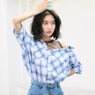 Mock Two Piece Short Sleeve Plaid Shirt