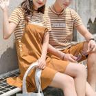 Couple Matching Striped Short Sleeve T-shirt / Spaghetti Strap Pinafore Dress / Shorts